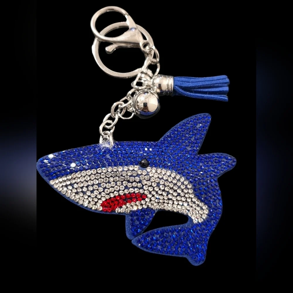 Blue Rhinestone Shark Bag Charm Keychain
